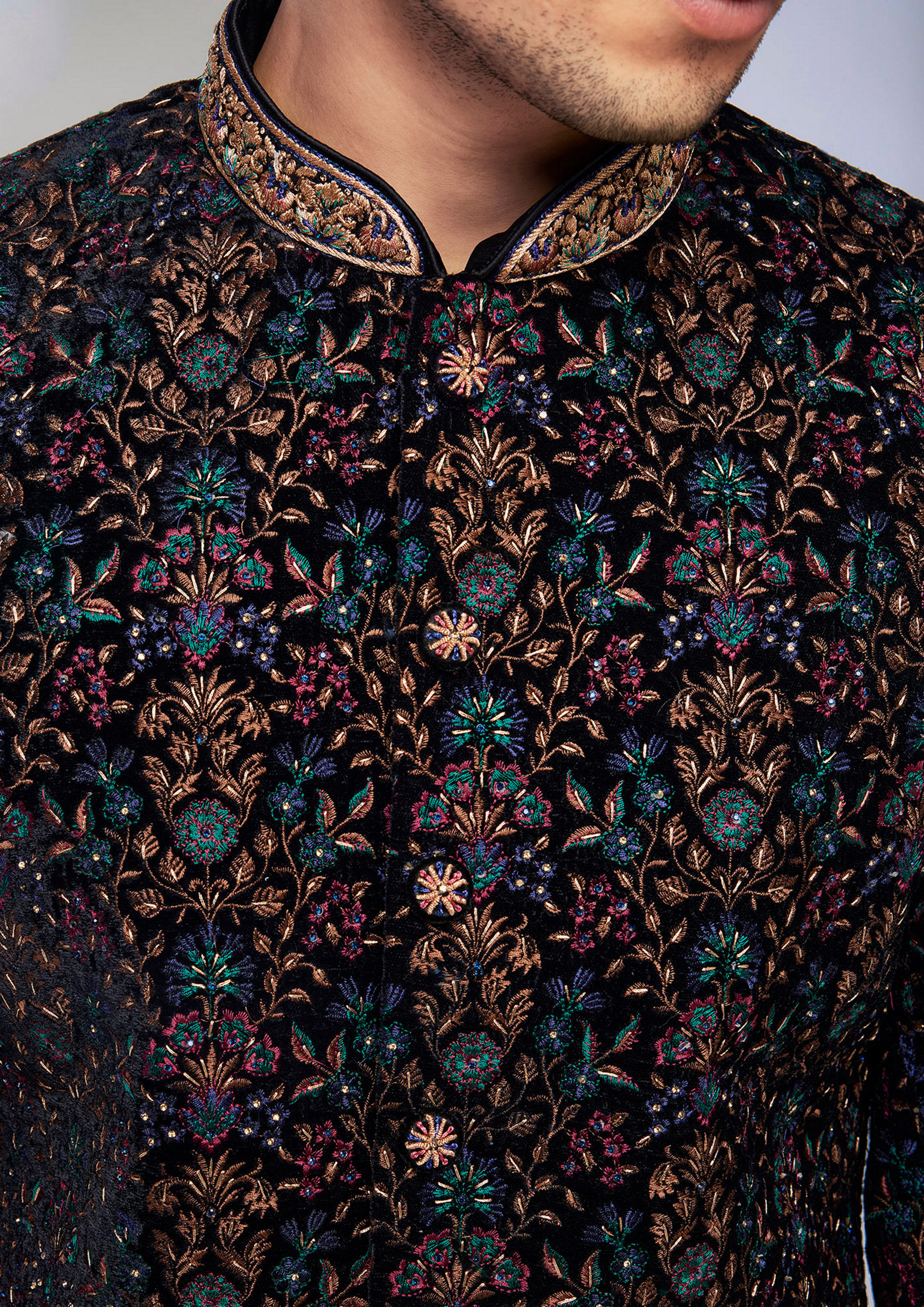 Twamev Men Kohl Black Floral Embroidered Indo Western Set