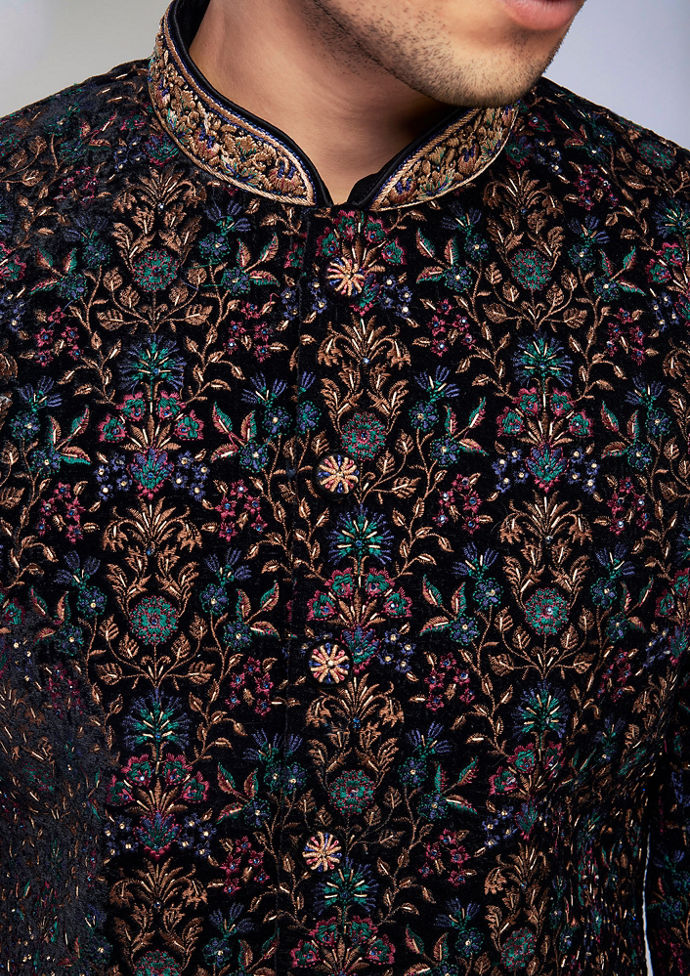 Twamev Men Kohl Black Floral Embroidered Indo Western Set