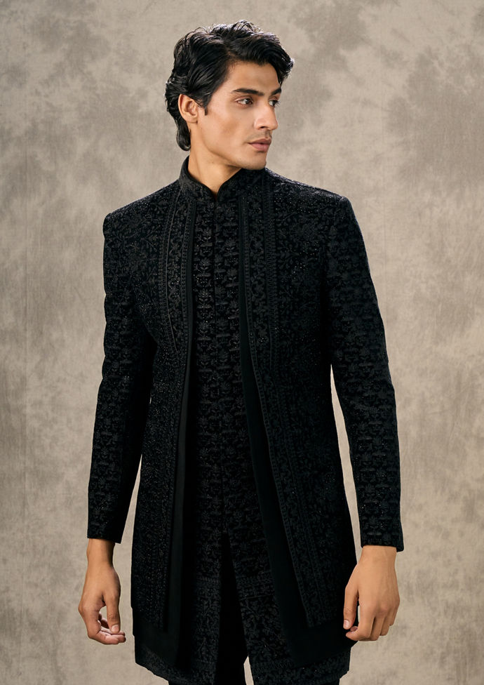 Twamev Men Black Velvet Charm Indo Western