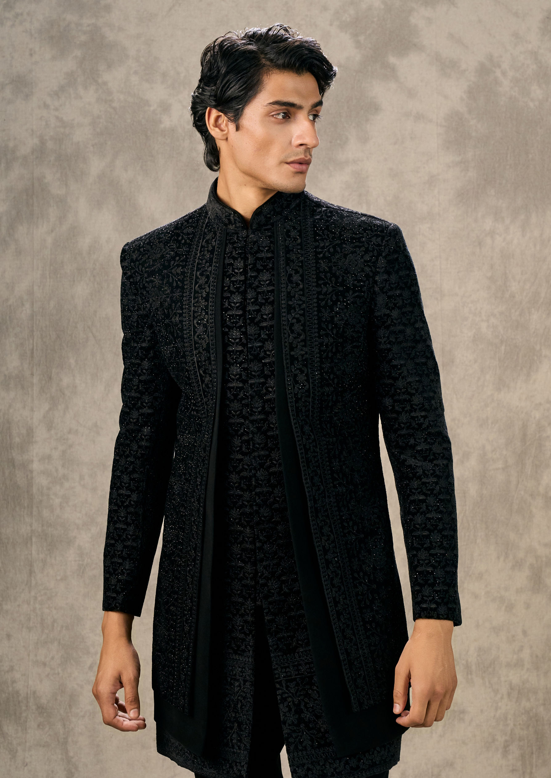 Twamev Men Black Velvet Charm Indo Western