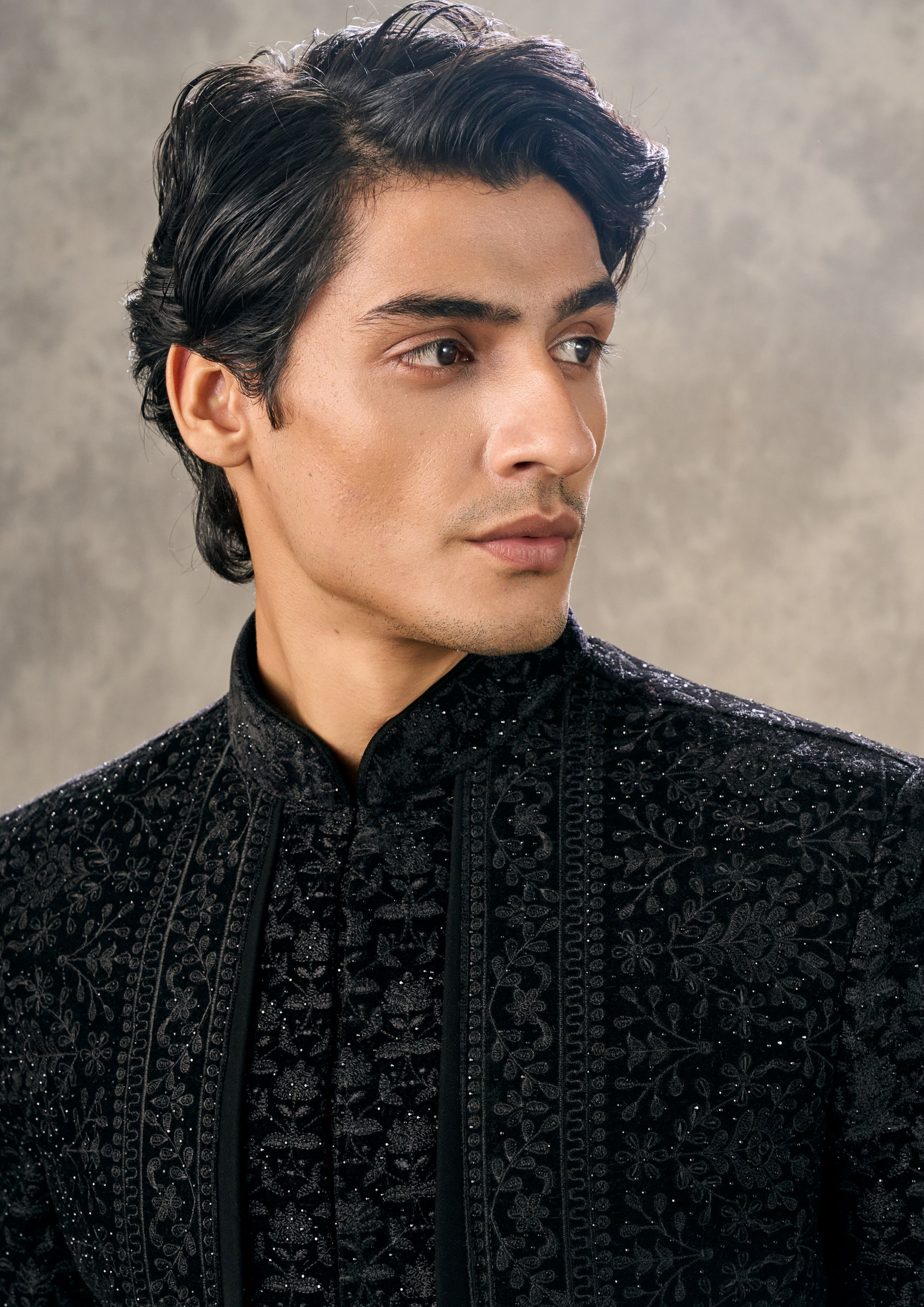 Twamev Men Black Velvet Charm Indo Western