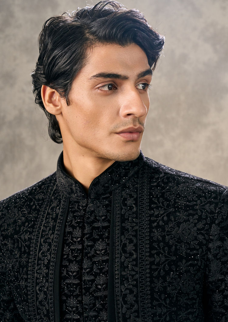 Twamev Men Black Velvet Charm Indo Western