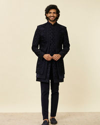 Twamev Men Dark Blue Scallop Shell Patterned Indo Western Set