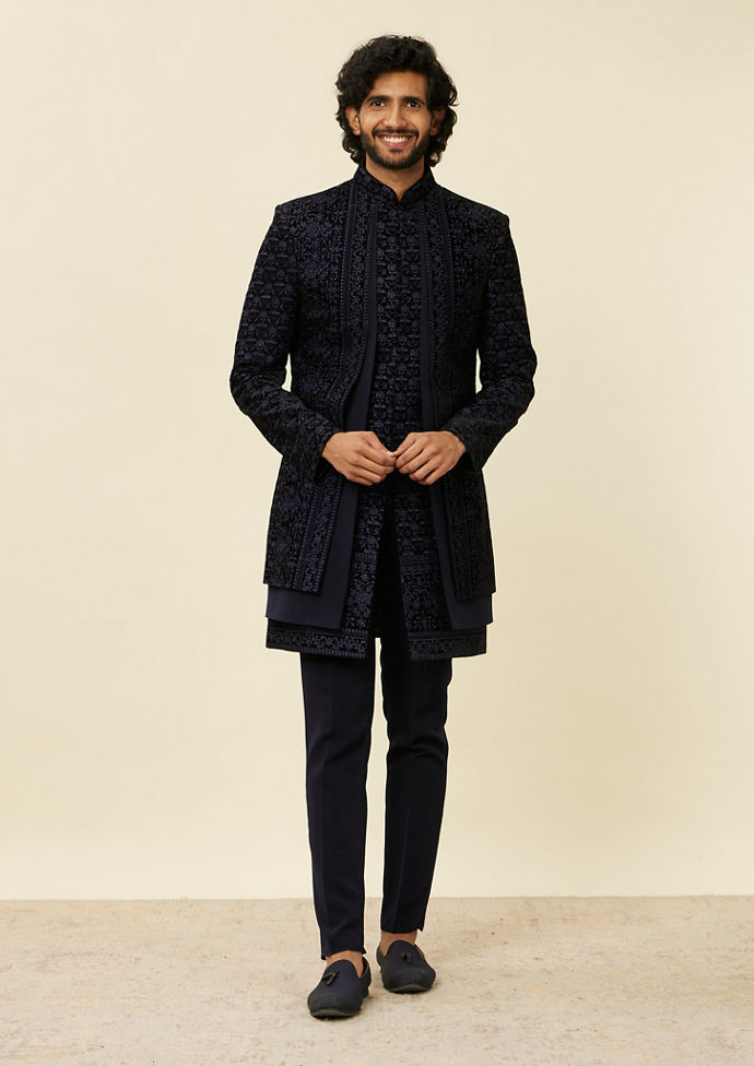 Twamev Men Dark Blue Scallop Shell Patterned Indo Western Set
