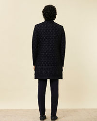 Twamev Men Dark Blue Scallop Shell Patterned Indo Western Set