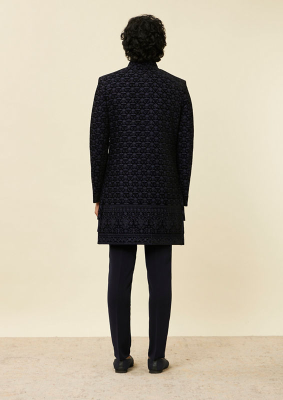 Twamev Men Dark Blue Scallop Shell Patterned Indo Western Set