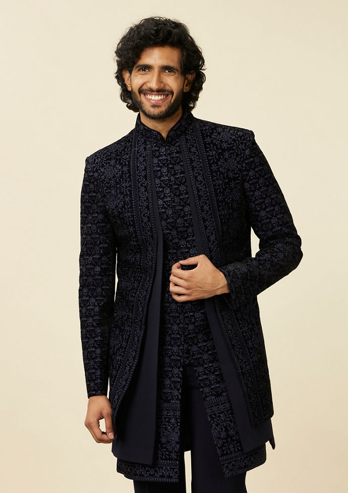 Twamev Men Dark Blue Scallop Shell Patterned Indo Western Set