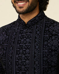 Twamev Men Dark Blue Scallop Shell Patterned Indo Western Set