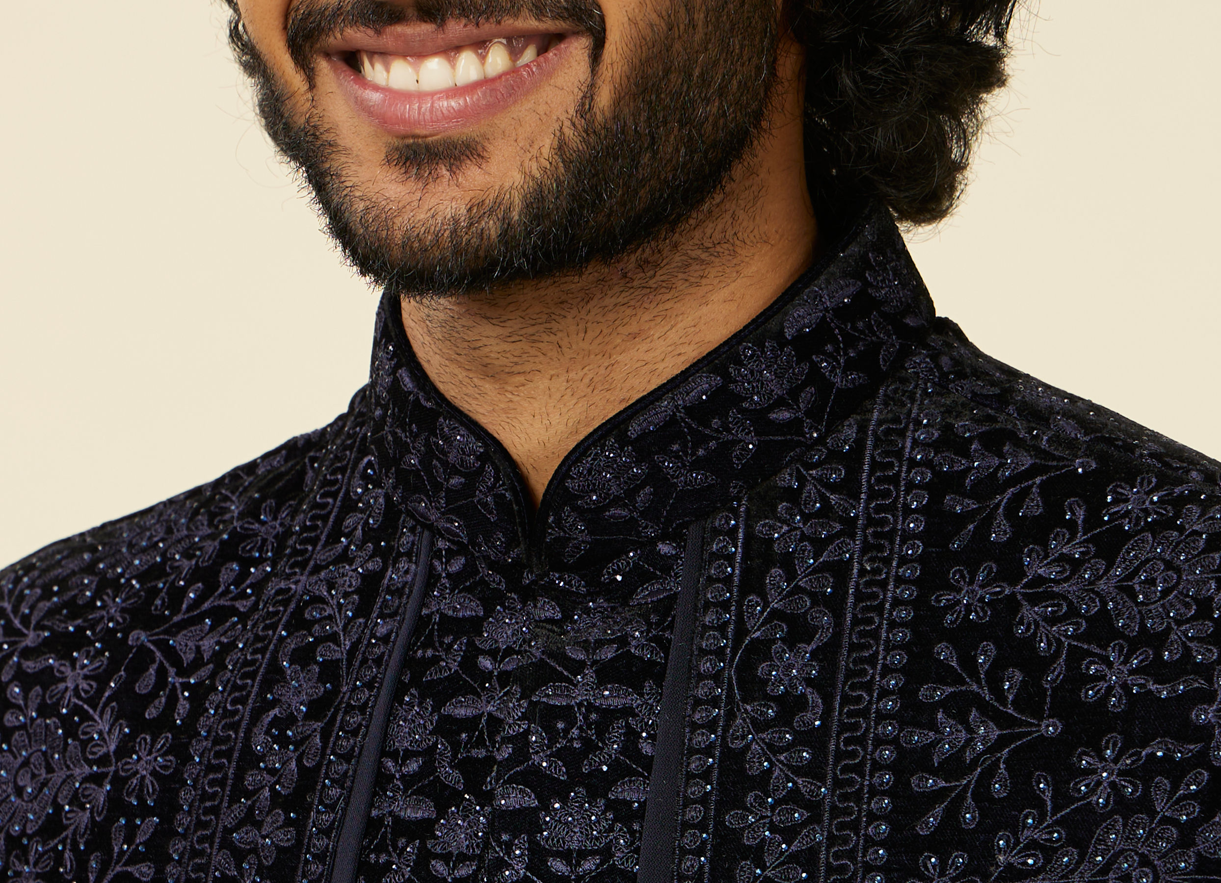 Twamev Men Dark Blue Scallop Shell Patterned Indo Western Set