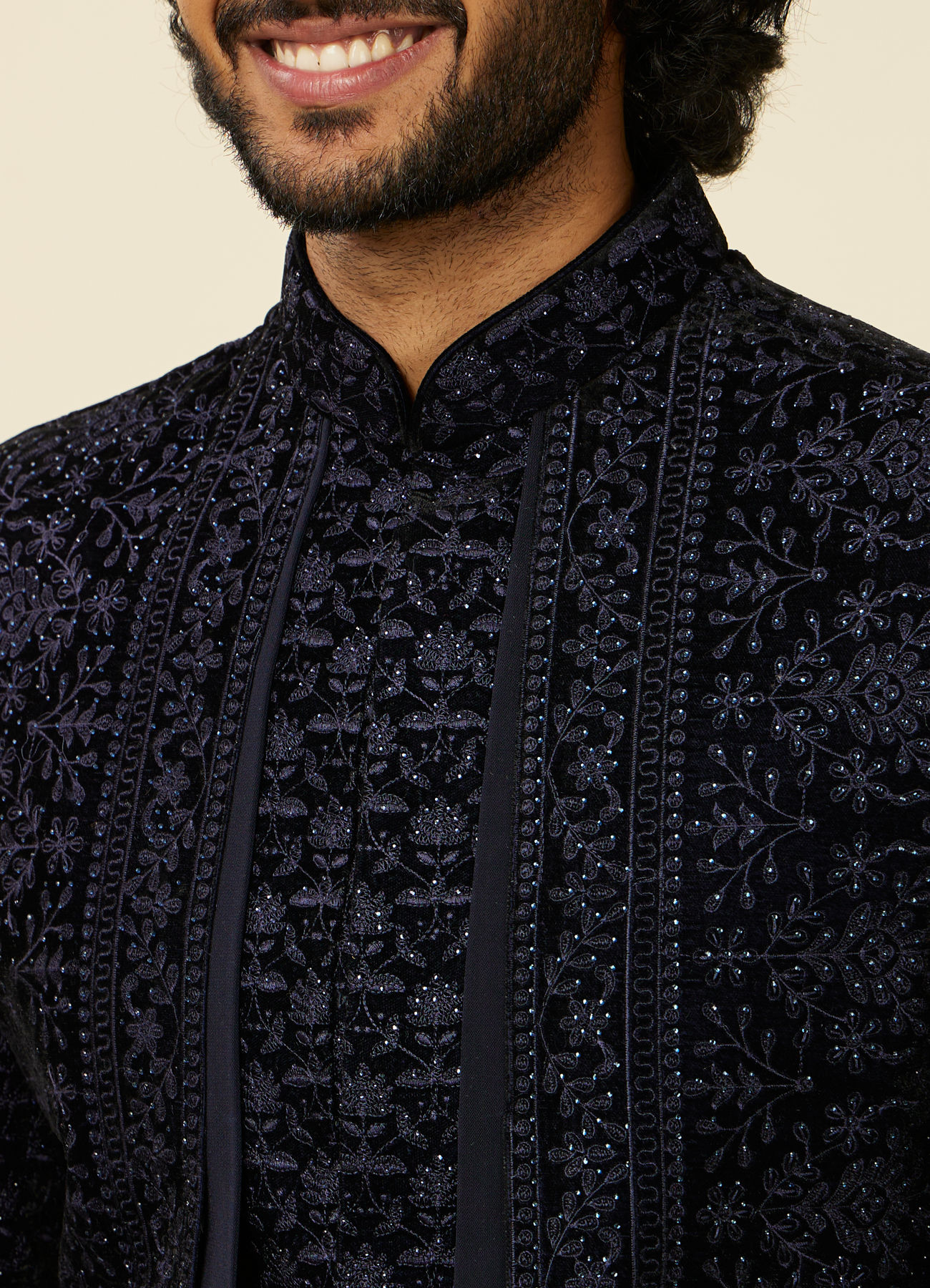 Twamev Men Dark Blue Scallop Shell Patterned Indo Western Set