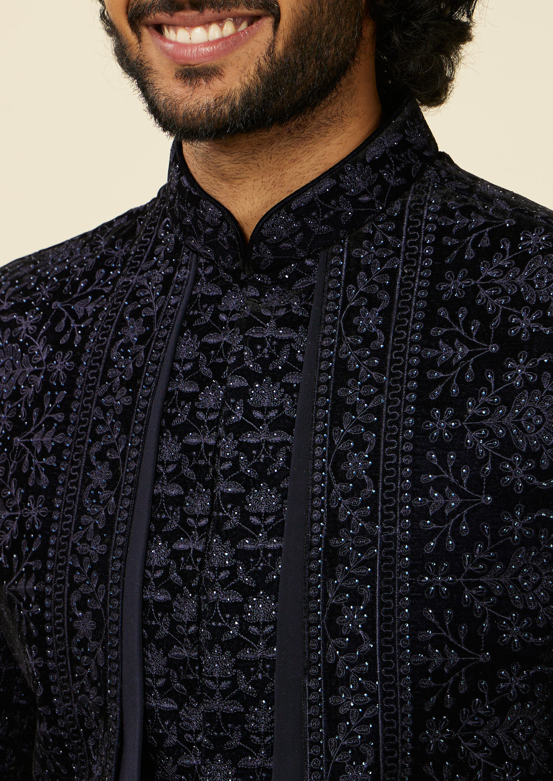 Twamev Men Dark Blue Scallop Shell Patterned Indo Western Set