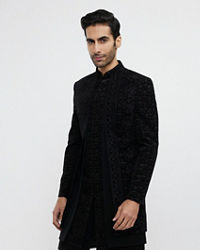 Twamev Men Midnight Black Bel Buti Embroidered Indo-Western Set with Stone Work