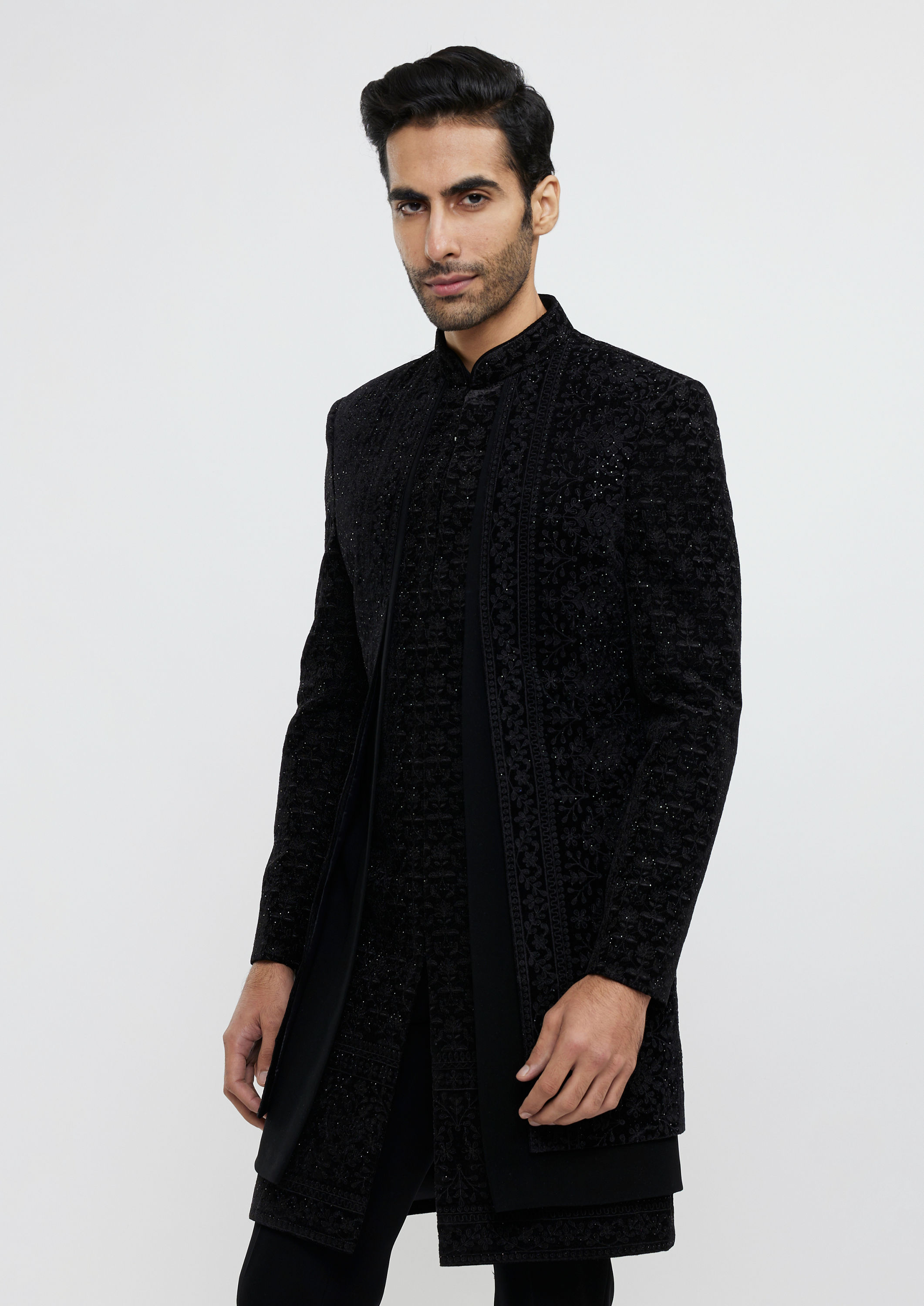 Twamev Men Midnight Black Bel Buti Embroidered Indo-Western Set with Stone Work
