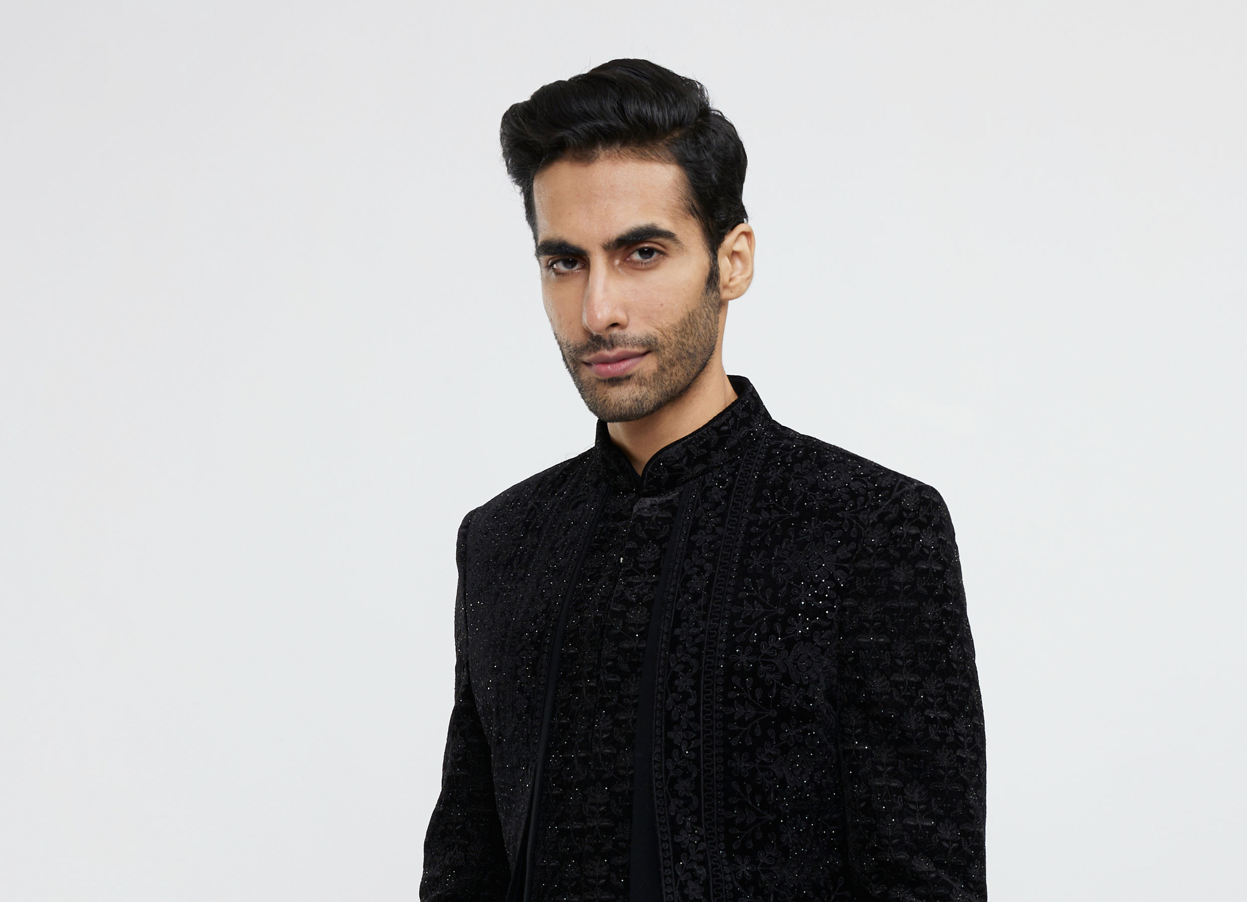 Twamev Men Midnight Black Bel Buti Embroidered Indo-Western Set with Stone Work