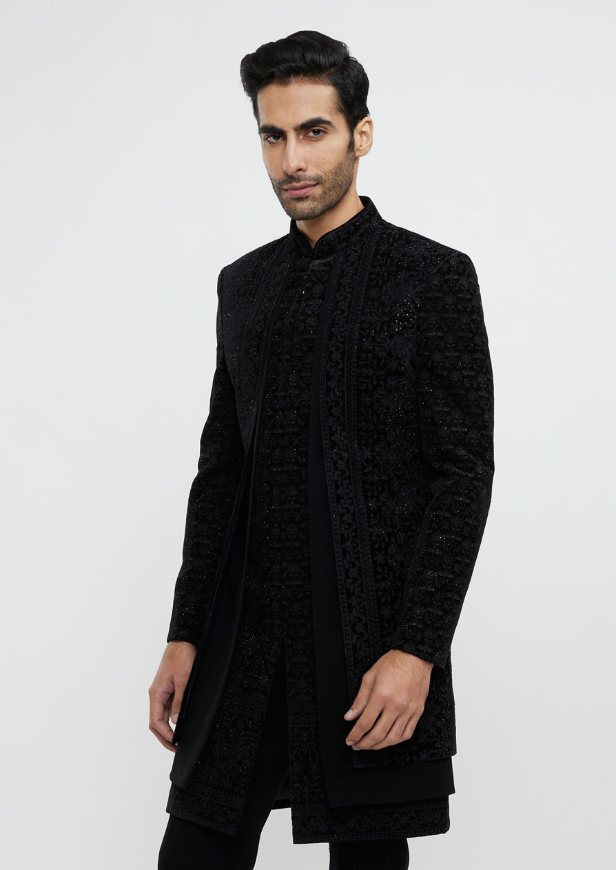 alt message - Twamev Men Black Velvet Extravaganza Indo Western image number 0