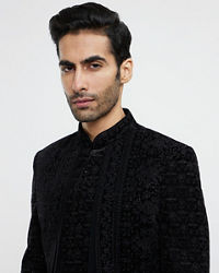 Twamev Men Midnight Black Bel Buti Embroidered Indo-Western Set with Stone Work
