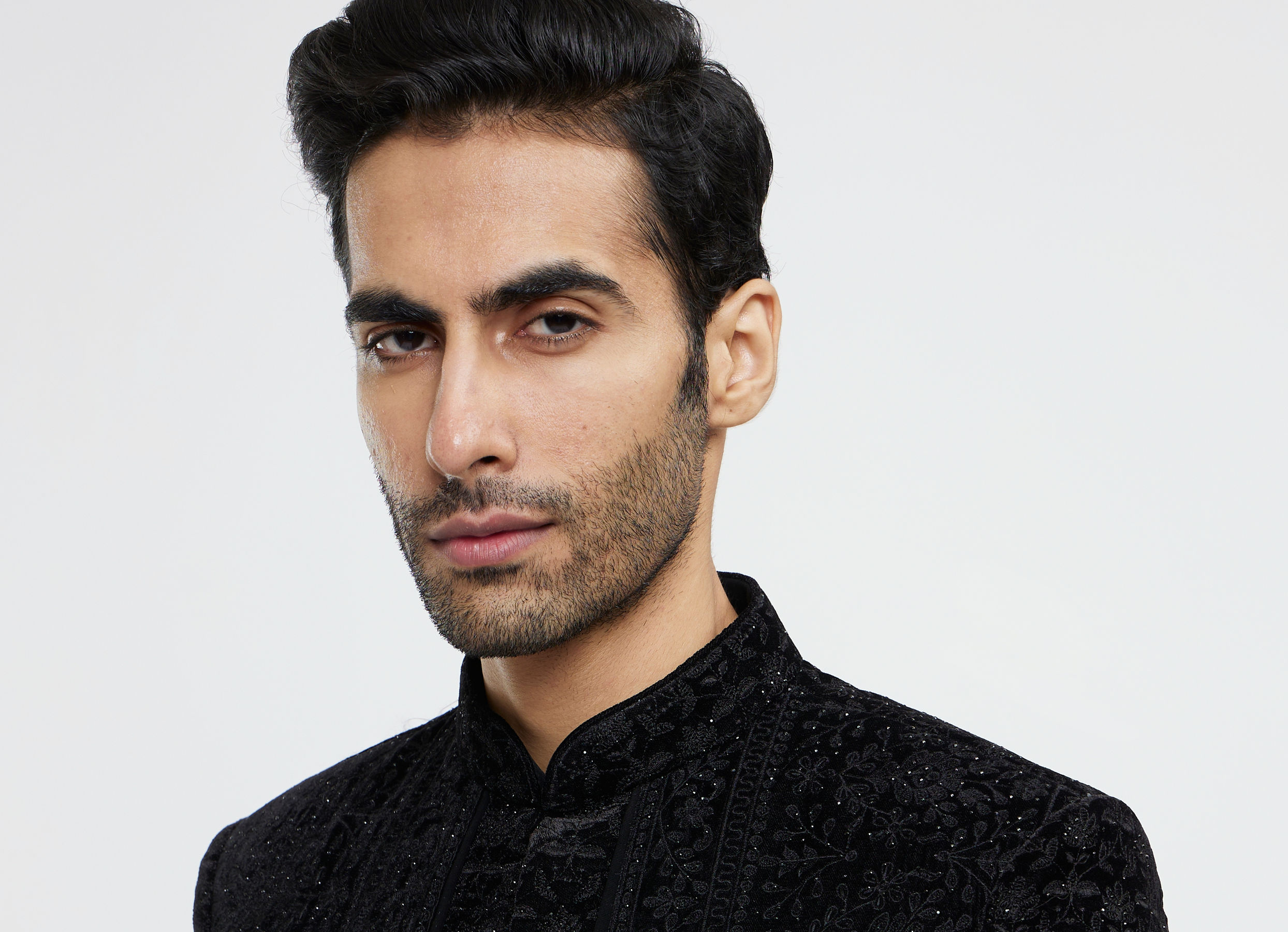 Twamev Men Midnight Black Bel Buti Embroidered Indo-Western Set with Stone Work