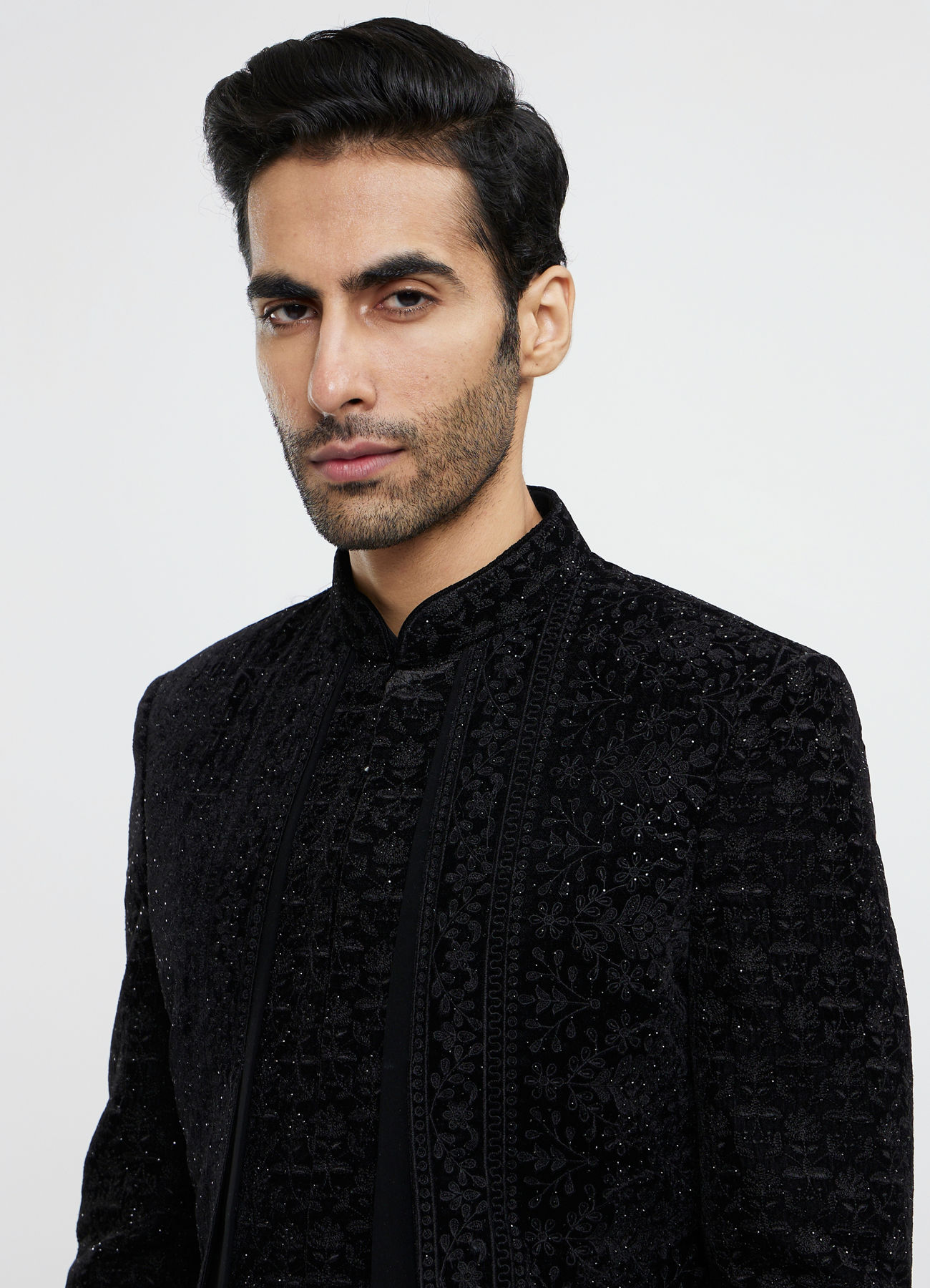 Twamev Men Midnight Black Bel Buti Embroidered Indo-Western Set with Stone Work