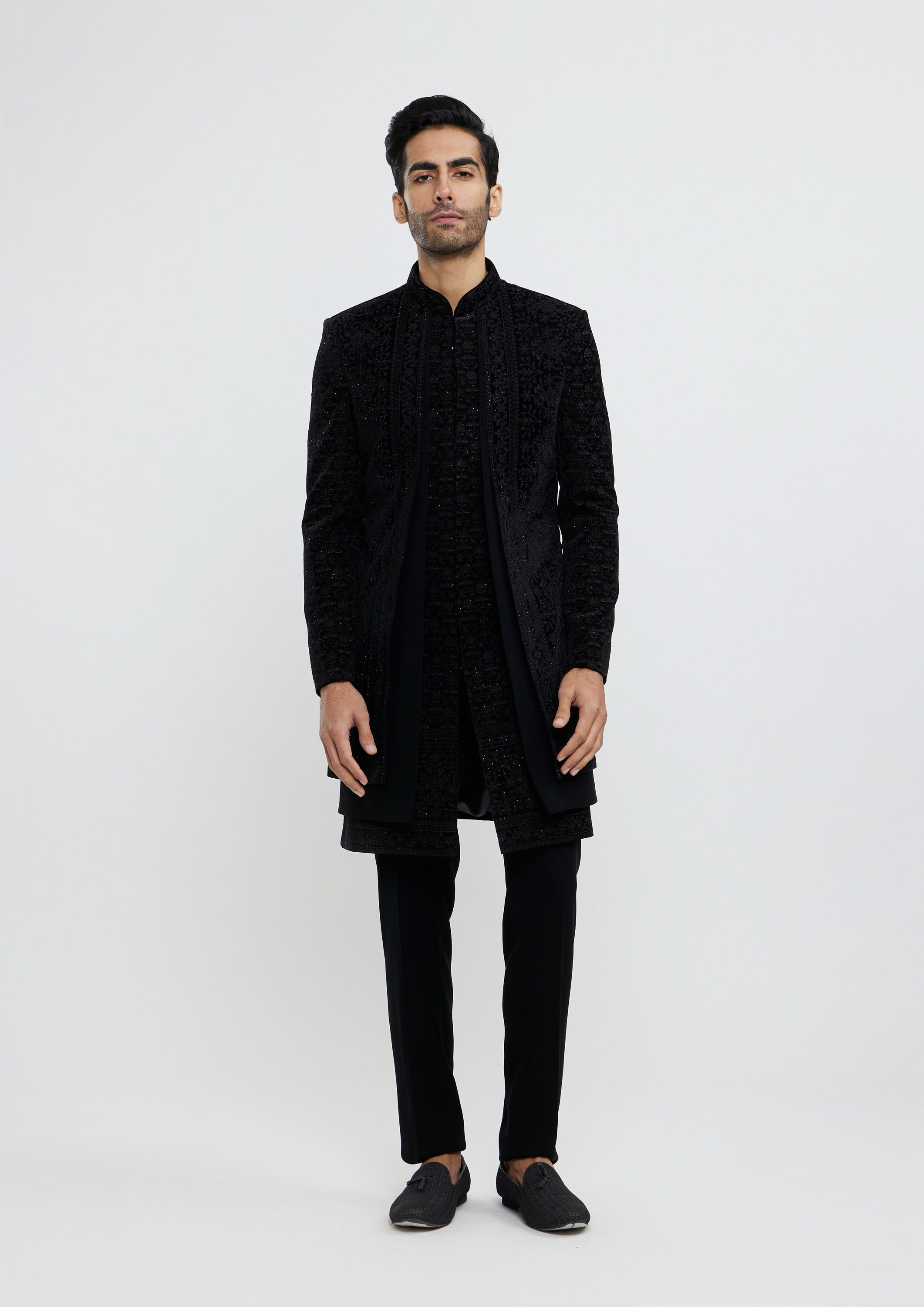 Twamev Men Midnight Black Bel Buti Embroidered Indo-Western Set with Stone Work