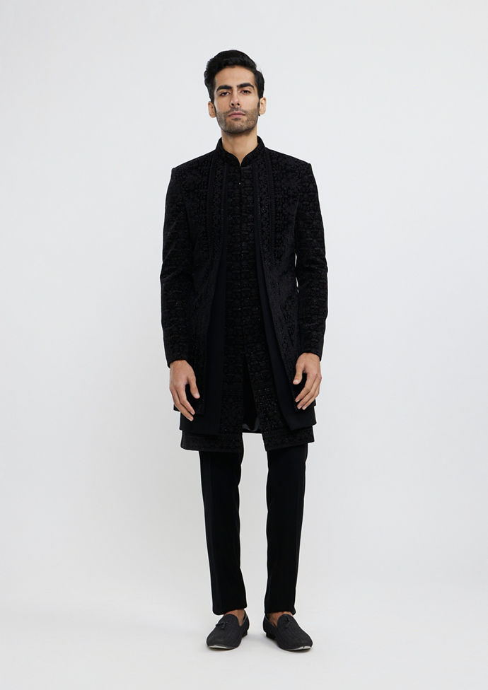 Twamev Men Midnight Black Bel Buti Embroidered Indo-Western Set with Stone Work