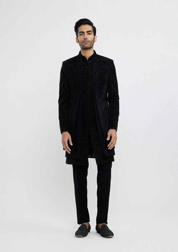 Twamev Men Midnight Black Bel Buti Embroidered Indo-Western Set with Stone Work