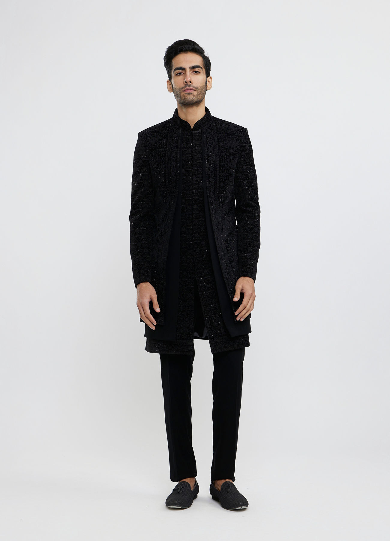 Twamev Men Midnight Black Bel Buti Embroidered Indo-Western Set with Stone Work