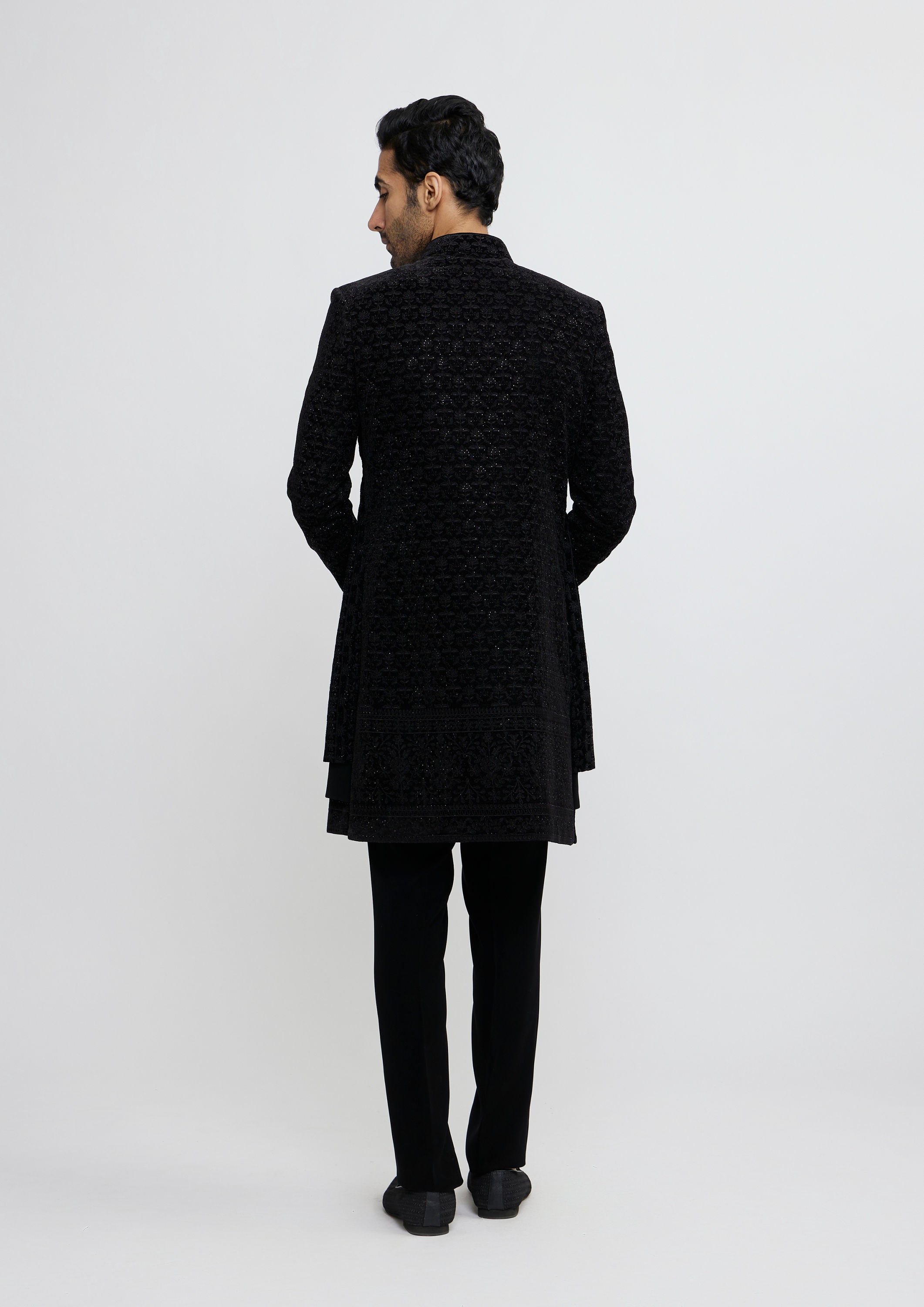 Twamev Men Midnight Black Bel Buti Embroidered Indo-Western Set with Stone Work