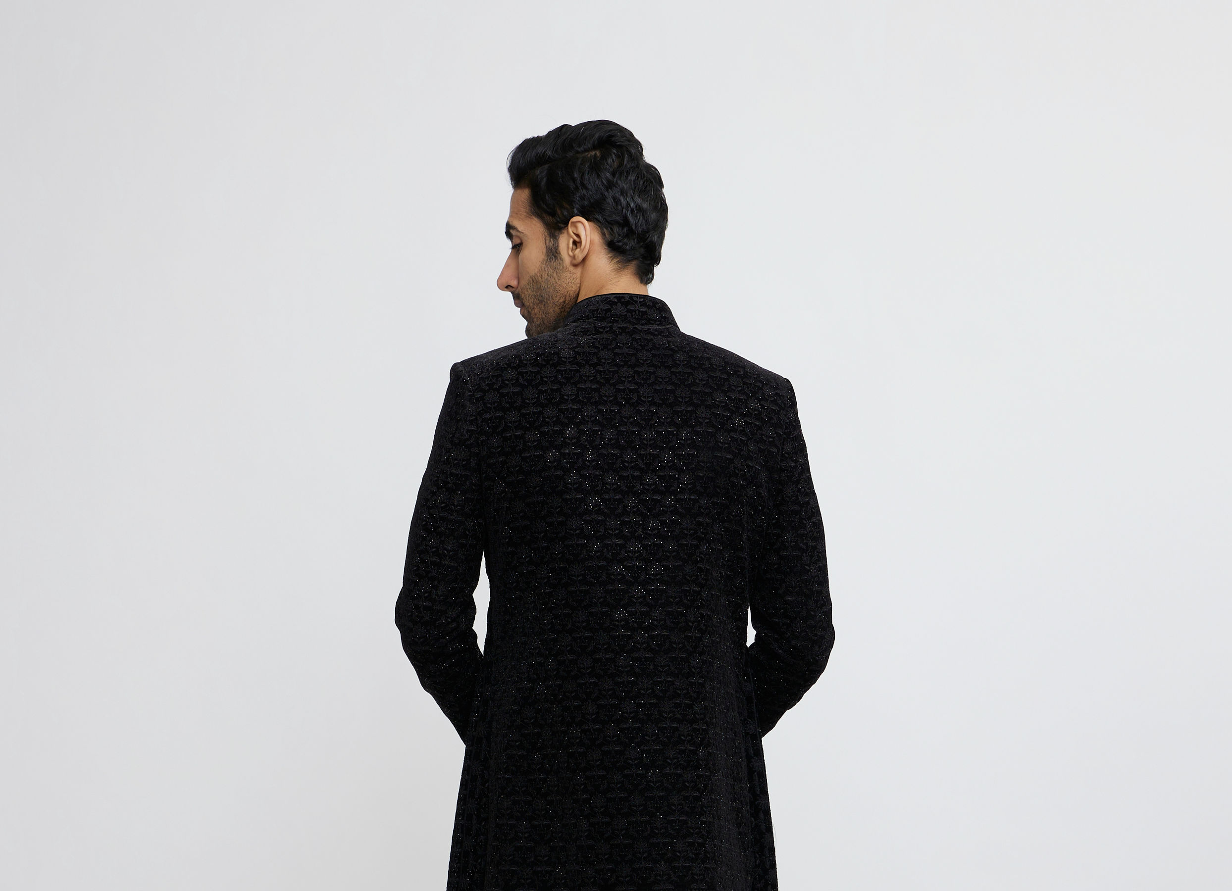 Twamev Men Midnight Black Bel Buti Embroidered Indo-Western Set with Stone Work