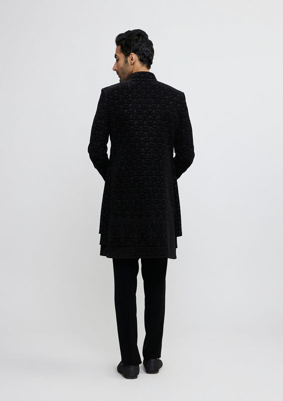 Twamev Men Midnight Black Bel Buti Embroidered Indo-Western Set with Stone Work