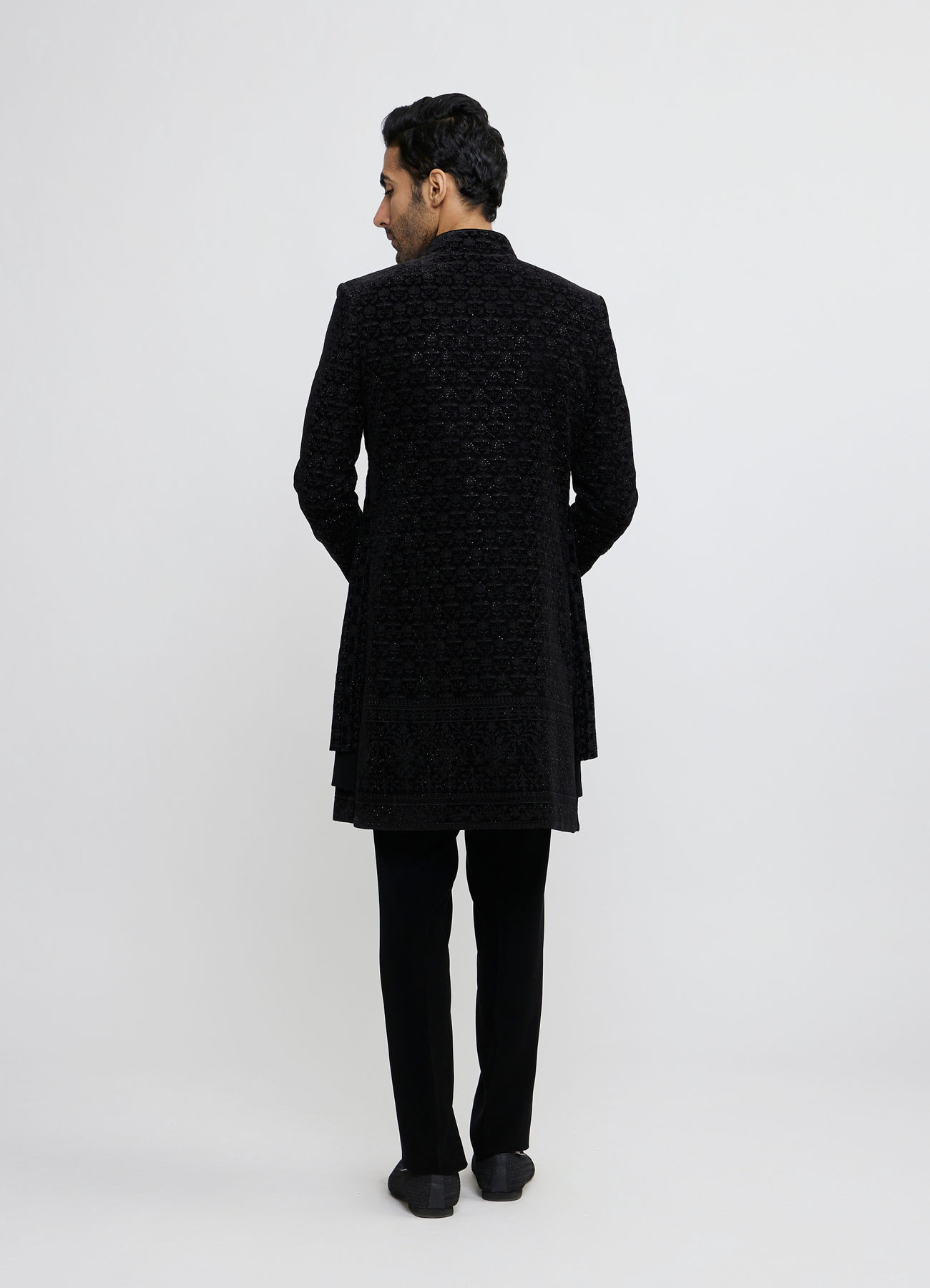 Twamev Men Midnight Black Bel Buti Embroidered Indo-Western Set with Stone Work