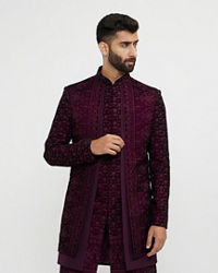 Twamev Men Wine Red Bel Buti Embroidered Indo-Western Set with Stone Work
