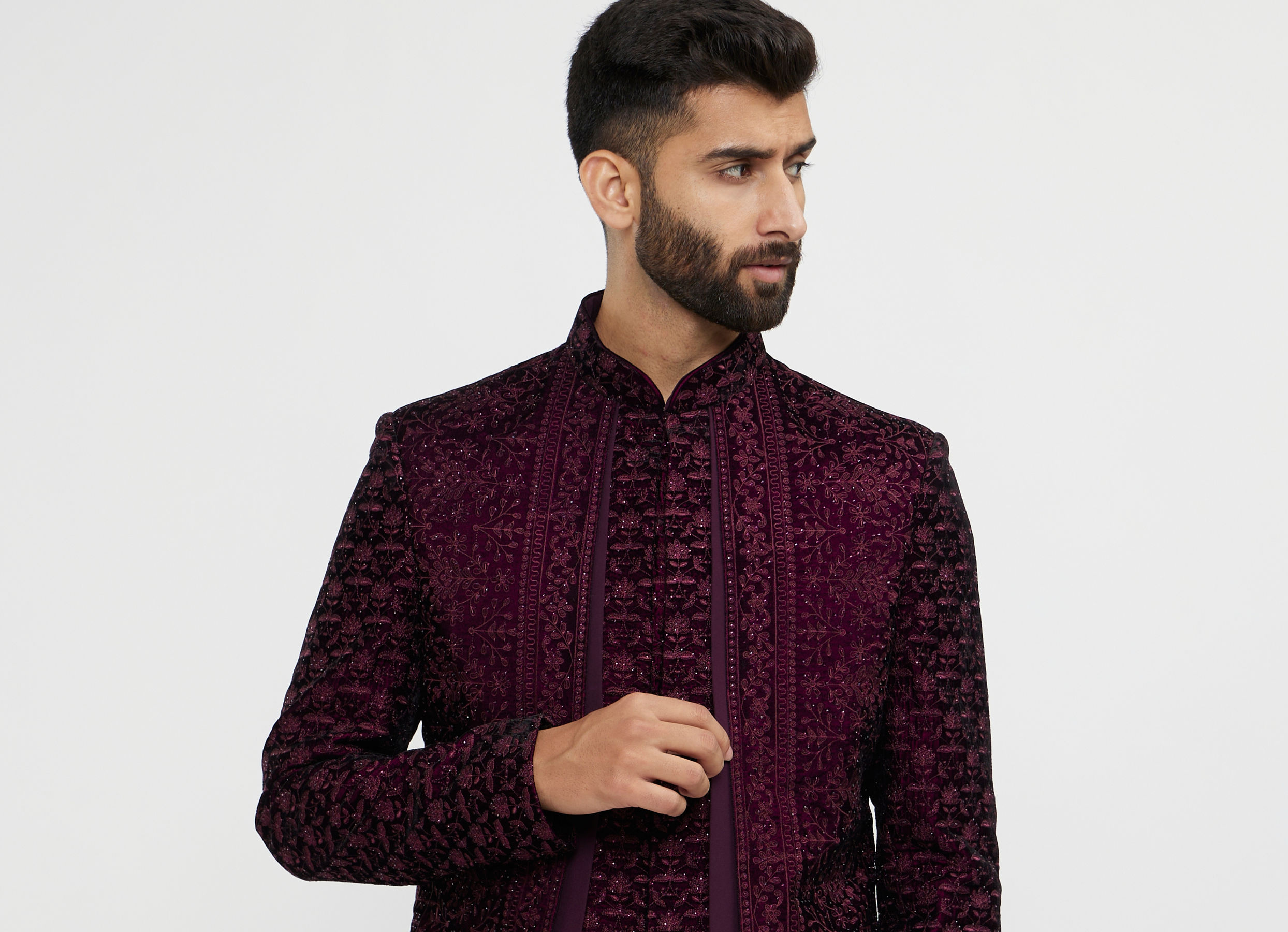 Twamev Men Wine Red Bel Buti Embroidered Indo-Western Set with Stone Work