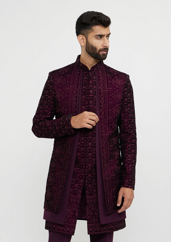 alt message - Twamev Men Wine Red Bel Buti Embroidered Indo-Western Set with Stone Work image number 0