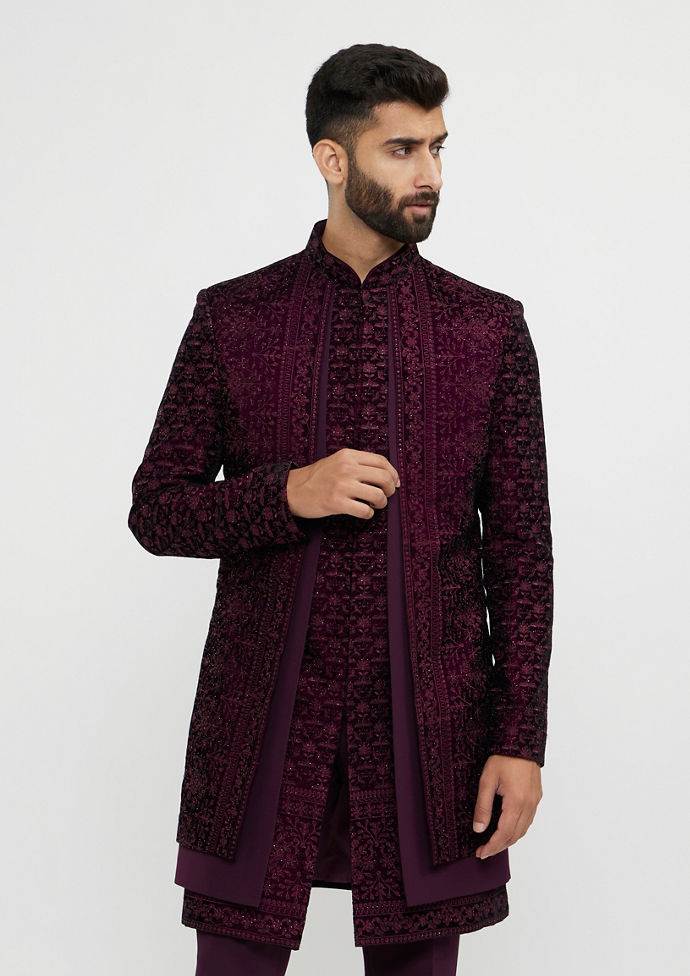 alt message - Twamev Men Wine Red Bel Buti Embroidered Indo-Western Set with Stone Work image number 0