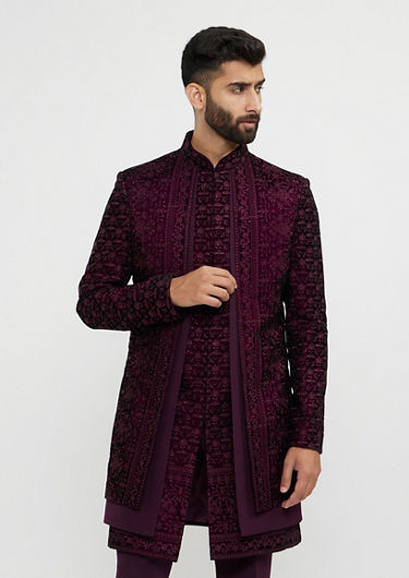 alt message - Twamev Men Velvety Wine Elegance Indo Western image number 0