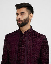 Twamev Men Wine Red Bel Buti Embroidered Indo-Western Set with Stone Work