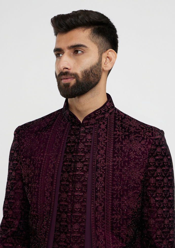 Twamev Men Wine Red Bel Buti Embroidered Indo-Western Set with Stone Work
