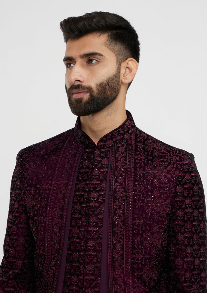 alt message - Twamev Men Wine Red Bel Buti Embroidered Indo-Western Set with Stone Work image number 1