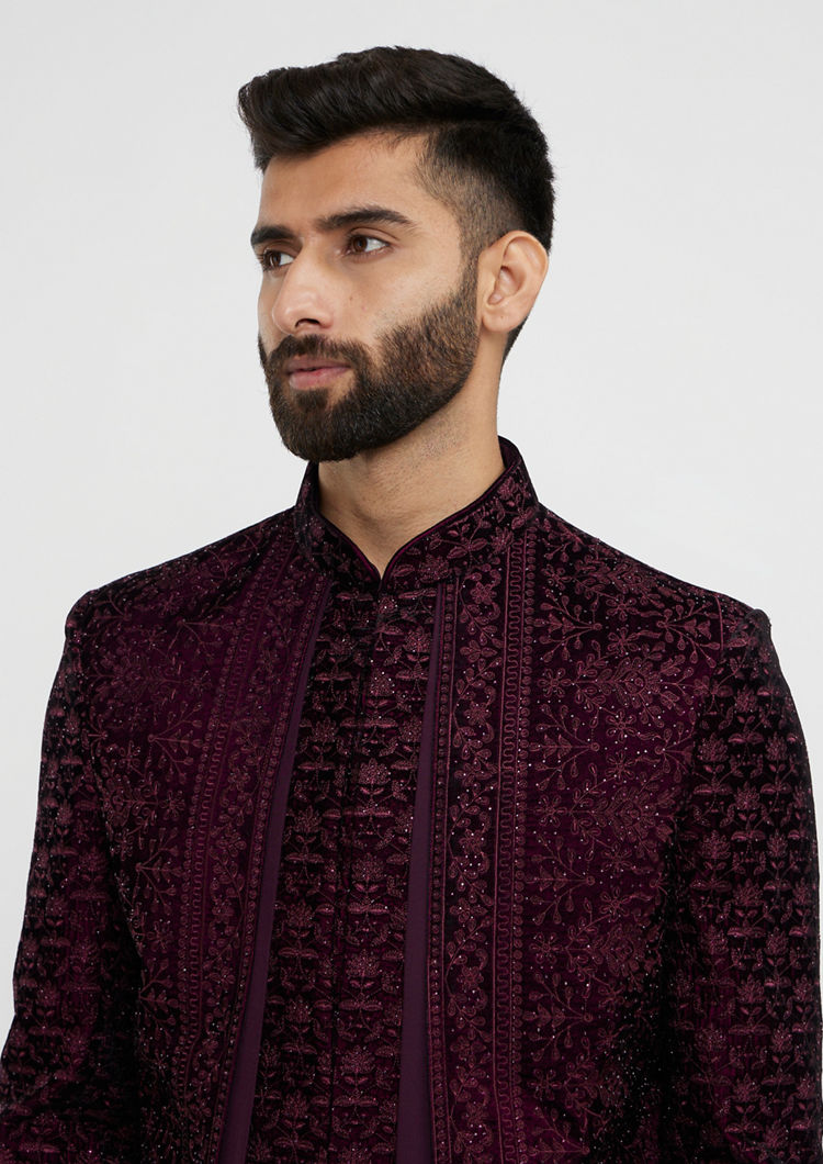 alt message - Twamev Men Wine Red Bel Buti Embroidered Indo-Western Set with Stone Work image number 1