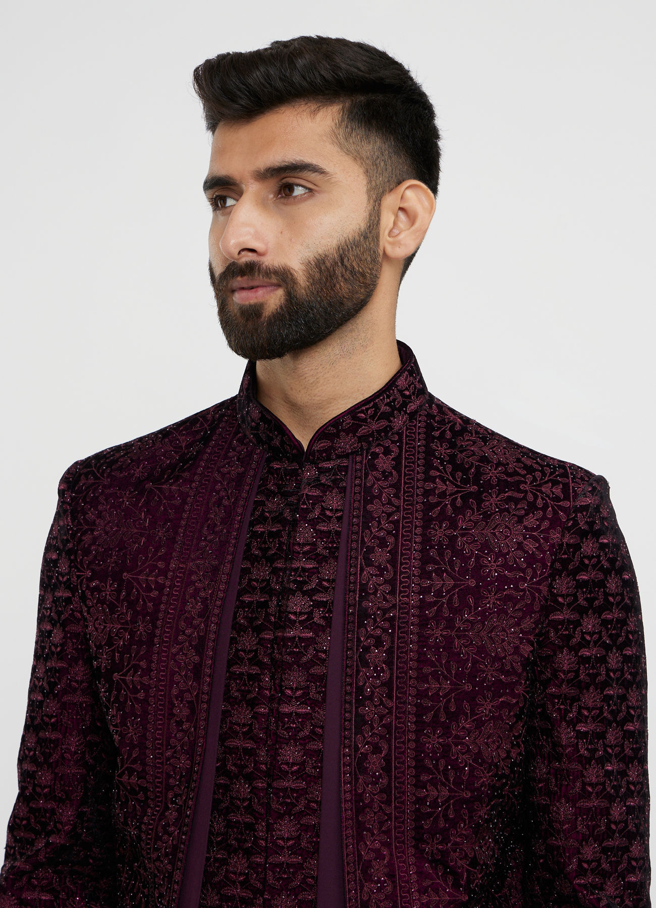 Twamev Men Wine Red Bel Buti Embroidered Indo-Western Set with Stone Work