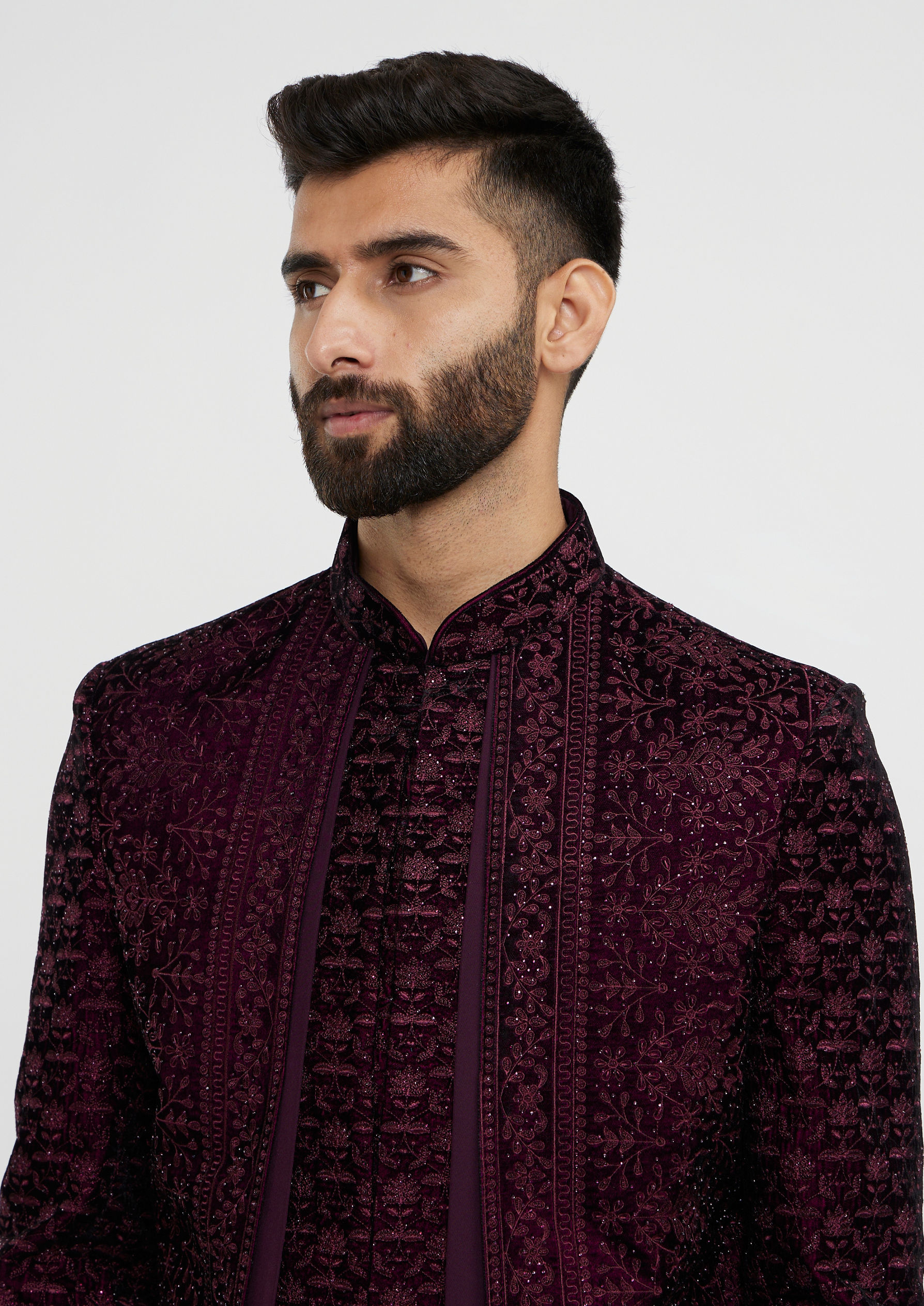 Twamev Men Wine Red Bel Buti Embroidered Indo-Western Set with Stone Work