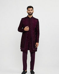 Twamev Men Wine Red Bel Buti Embroidered Indo-Western Set with Stone Work