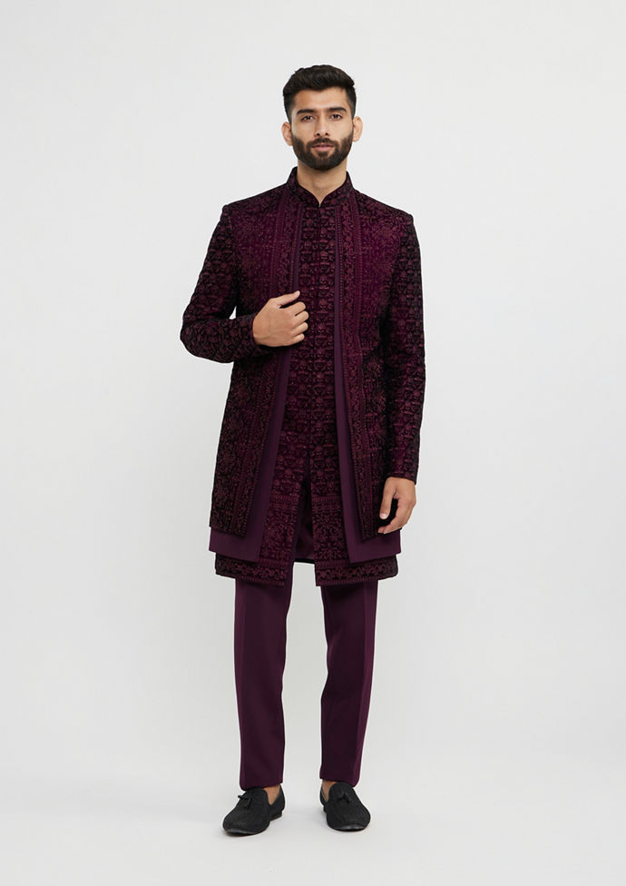 alt message - Twamev Men Wine Red Bel Buti Embroidered Indo-Western Set with Stone Work image number 2