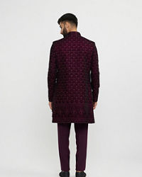 Twamev Men Wine Red Bel Buti Embroidered Indo-Western Set with Stone Work