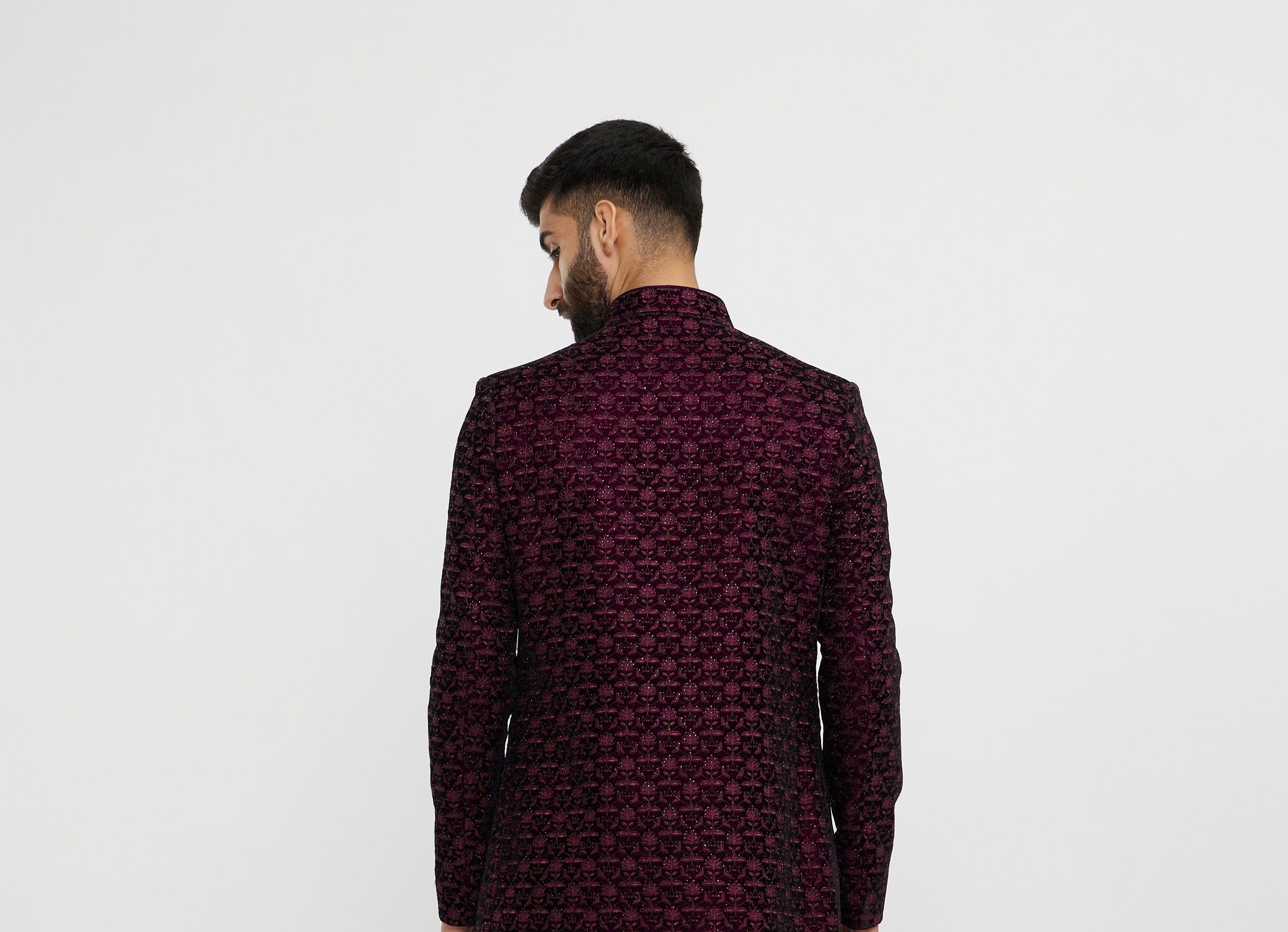 Twamev Men Wine Red Bel Buti Embroidered Indo-Western Set with Stone Work