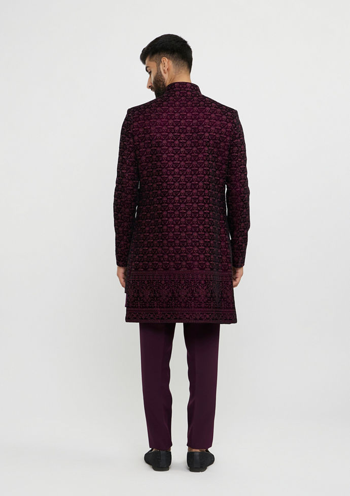 Twamev Men Wine Red Bel Buti Embroidered Indo-Western Set with Stone Work