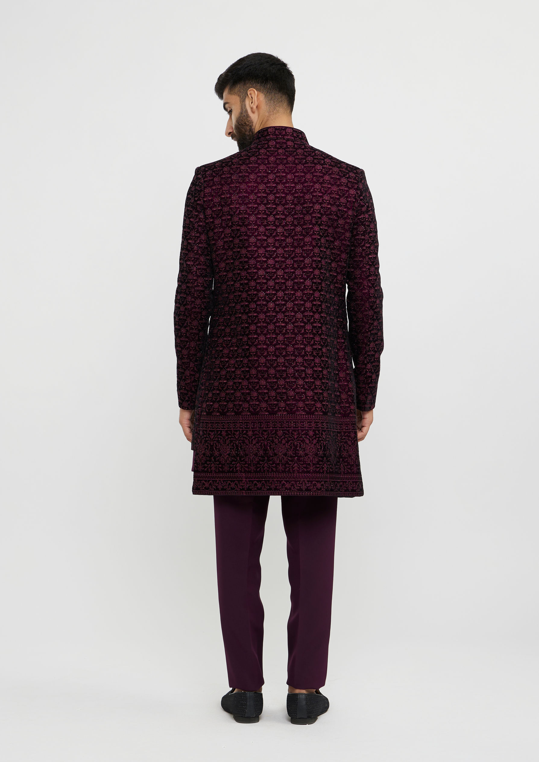 Twamev Men Wine Red Bel Buti Embroidered Indo-Western Set with Stone Work