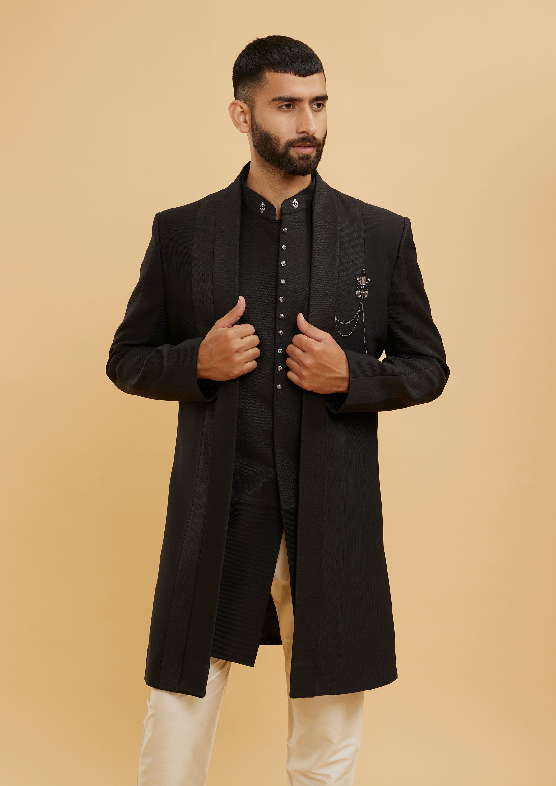 Twamev Men Ebony Black Shawl Collared Indo Western Set with Chained Brooch