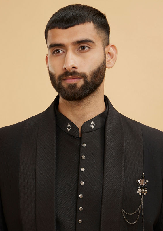 Twamev Men Ebony Black Shawl Collared Indo Western Set with Chained Brooch