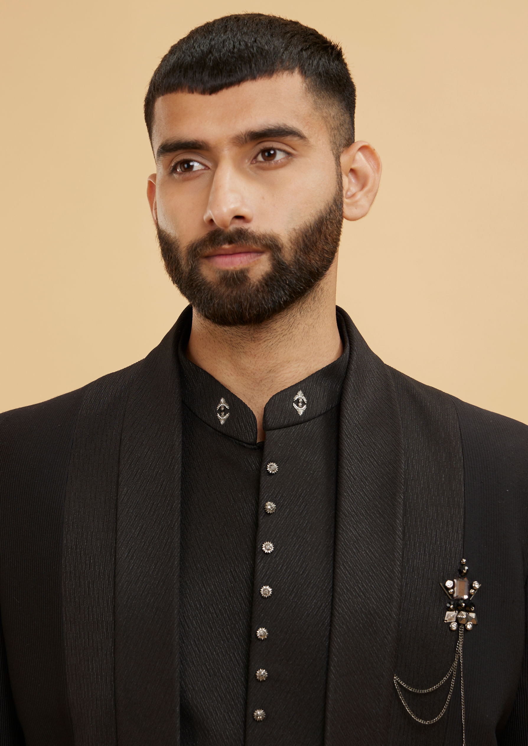 Twamev Men Ebony Black Shawl Collared Indo Western Set with Chained Brooch